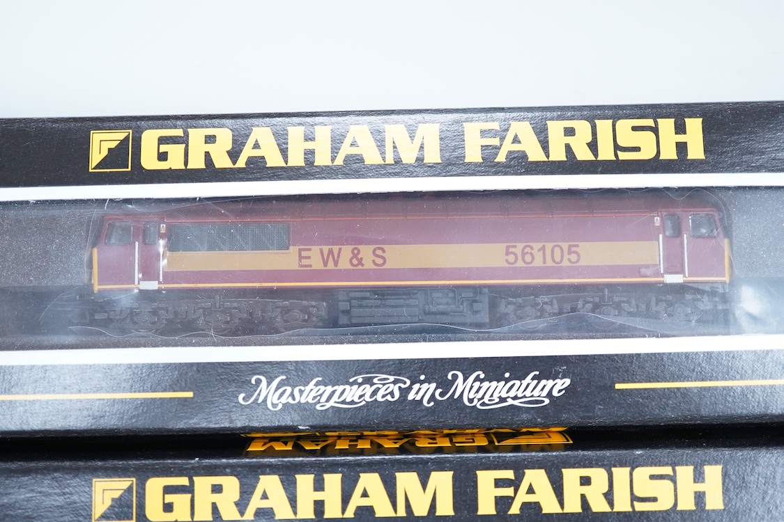 Three boxed Graham Farish N gauge railway diesel locomotives; an EWS class 56, 56105 (371300), a Load Haul class 56, Kellingley Colliery 56 074 (371301), and a Freightliner class 57, Freightliner Challenger 57011, (37122
